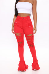 Fray What You Mean Flare Leg Jeans - Red Ins Street